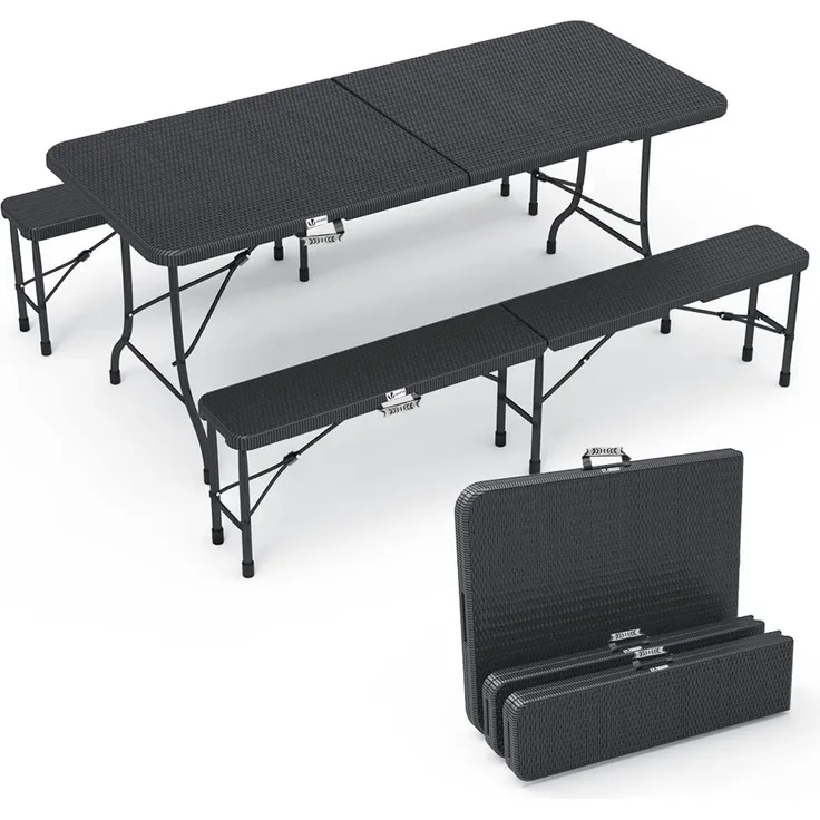 VOUNOT Bierzeltgarnitur Klappbar 3-teilig Set, 1 Biertisch & 2 Bierbänke, Festzeltgarnitur 180x75x72 cm Rattan-Optik Gartengarnitur Campingset Klapptisch, Schwarz, 180 * 75 * 75cm
