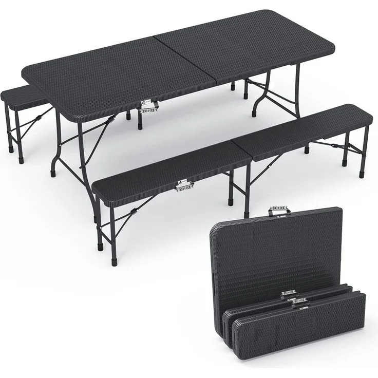 VOUNOT Bierzeltgarnitur Klappbar 3-teilig Set, 1 Biertisch & 2 Bierbänke, Festzeltgarnitur 180x75x72 cm Rattan-Optik Gartengarnitur Campingset Klapptisch, Schwarz, 180 * 75 * 75cm