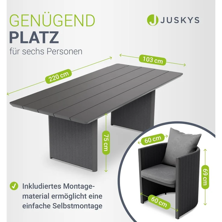 Juskys Premium Gartengarnitur Costa Luna 7-teilig - Witterungsbeständig & pflegeleicht - mit Tisch & 6 Stühlen - inkl. weicher Sitzkissen - Anthrazit – Bild 4