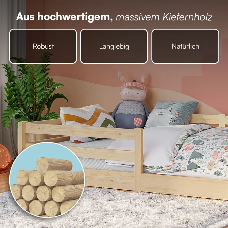 Bellabino 'Iskri' Bodenbett 140x200 cm, natur, Massivholz Kiefer, Montessori Kinderbett mit Rausfallschutz und Lattenrost – Bild 6