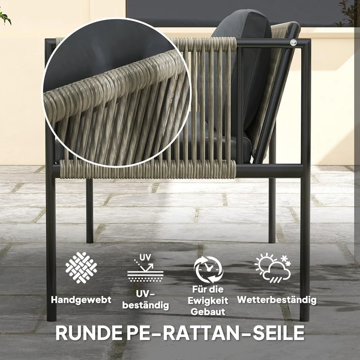 Outsunny Sitzgruppe mit 2er Sofa, Sessel, Glastisch, Kissen, (Gartenmöbel-Set aus Polyrattan, 4-tlg, wetterfest Lounge-Set), für 4 Personen, für Garten, Balkon, Grau – Bild 4