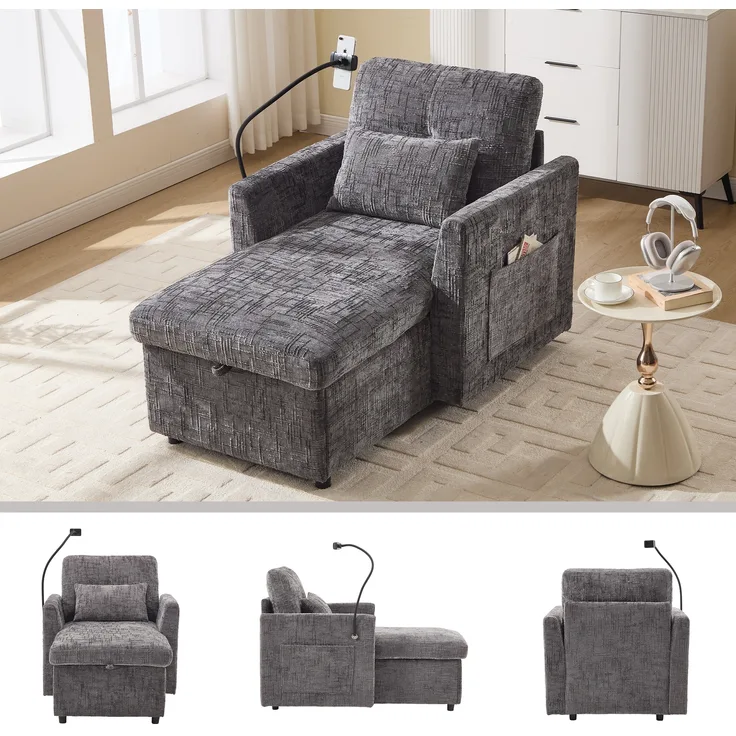 LVHOM Einzelsofa mit Handyhalterung, Polsterliege mit Bettkasten und Seitentaschen, Relaxsessel Schlafsofa mit versteckten Stauraum