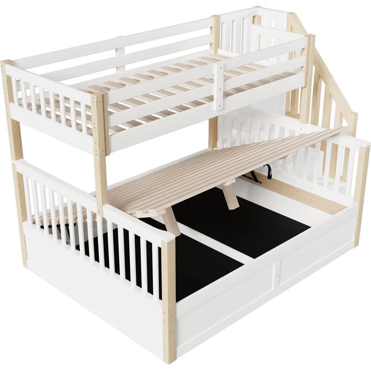 Etagenbett mit 2 Liegeflächen, Stauraum und Rausfallschutz, 90x200cm/140x200cm, Treppe mit Regal, Kinderbett, Jugendbett, Kiefer – Bild 7