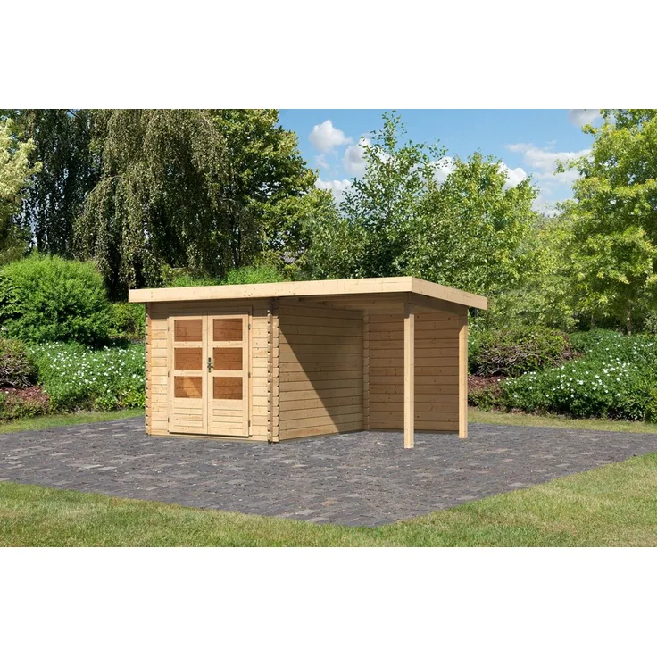 Gartenhaus Bastrup 4 - 420x297 cm mit Anbaudach 2,00 m mit Rückwand, 28 mm Holz naturbelassen, Karibu