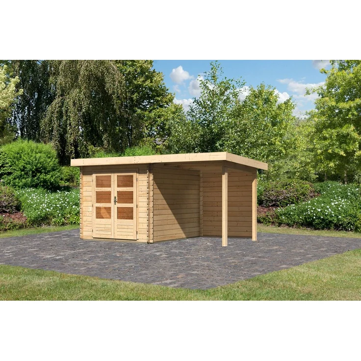 Gartenhaus Bastrup 4 - 420x297 cm mit Anbaudach 2,00 m mit Rückwand, 28 mm Holz naturbelassen, Karibu