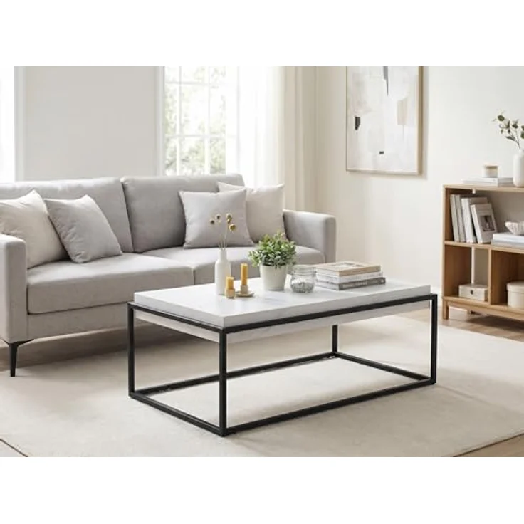 Hela Tische, Couchtisch Carlos, Dicke Tischplatte 10 cm, Marmoroptik Weiß, Metallrahmen pulverbeschichtet Schwarz – Bild 3