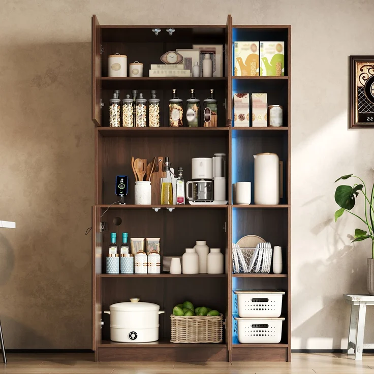 Küchenschrank, hoher Stauraumschrank mit LED-Beleuchtung, Küchenregal mit Steckdosen, Bücherregal & Vitrinenschrank für Wohnzimmer und Esszimmer, 180 × 105 × 40 cm--Nussbaum--105x40x180cm--YOUDENOVA – Bild 4