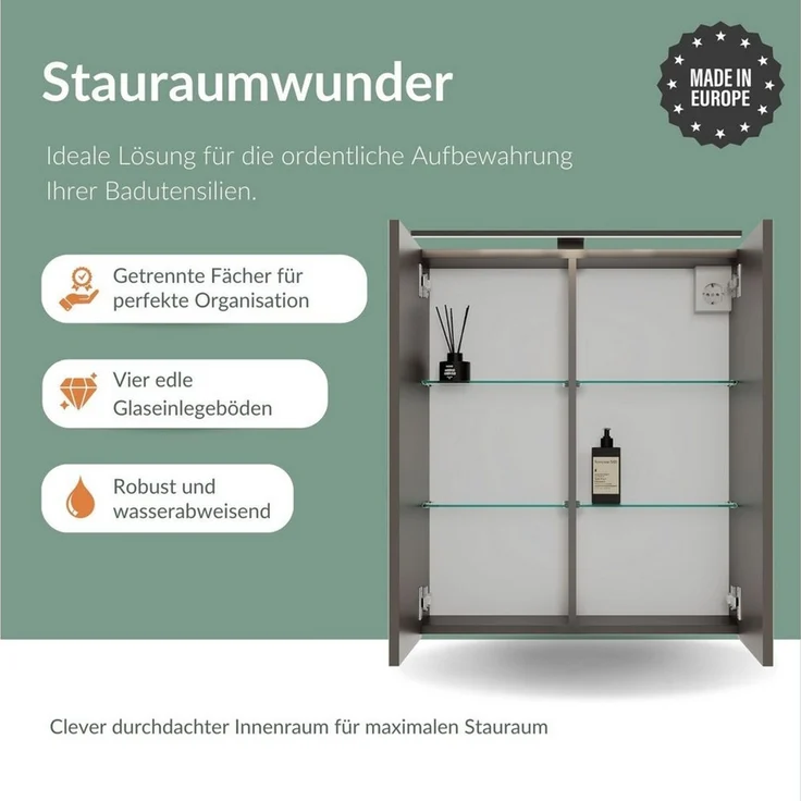 Planetmöbel Badezimmerspiegelschrank Spiegelschrank ARIA (Spiegelschrank Bad mit Beleuchtung und Steckdose, Badschrank mit Spiegel hängend) – Bild 2