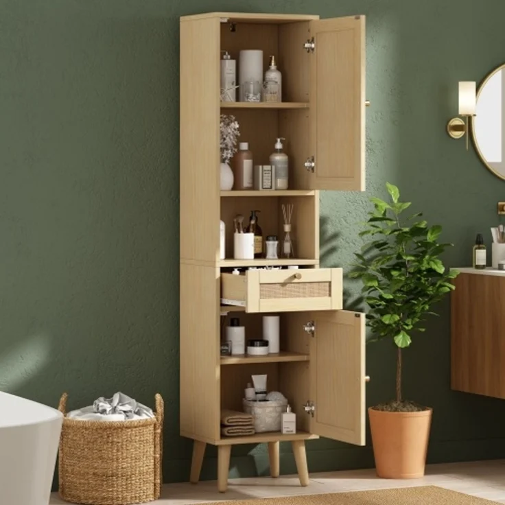 Flieks Badezimmer-Hochschrank 40x30x166 cm, Badschrank aus MDF in Naturholzfarbe mit Rattan-Türen, Schublade, Soft-Close & wendbarer Montage – Bild 3