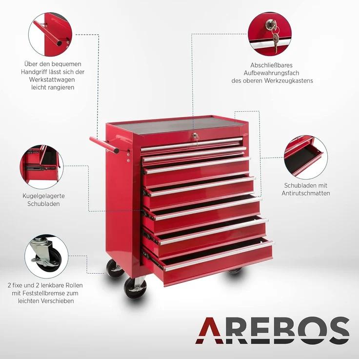 Arebos Werkstattwagen 7 Fächer, zentral abschließbar, inkl. Antirutschmatten, rot, (Werkzeug Rollwagen 7 Fächer) – Bild 6