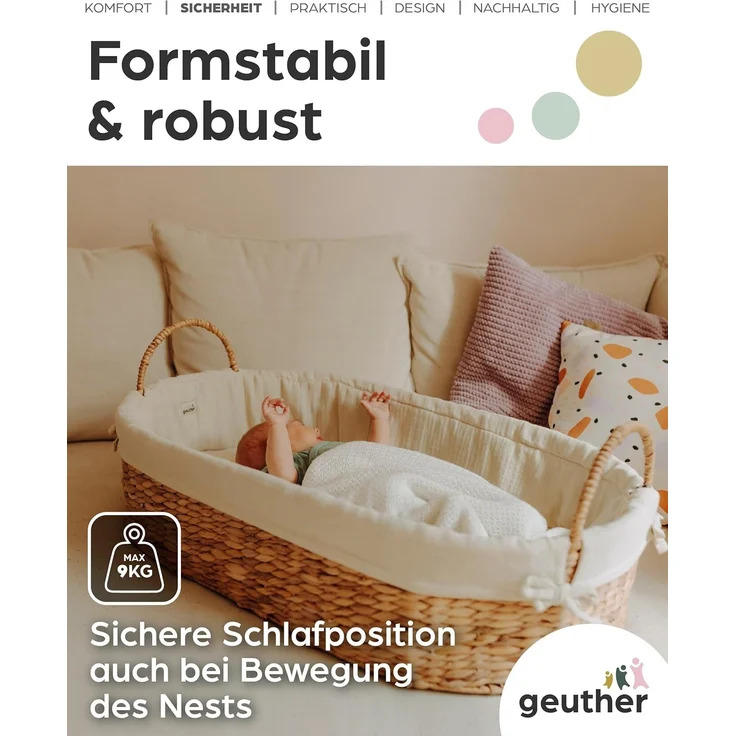 Geuther Moses Nest Babynest Tragekorb ruhiger Schlafplatz für Babys aus natürlichem Korbgeflecht waschbar mit atmungsaktiver Matratze aus 100% Bio Baumwolle Farbe: Beige, 5. 66 kilograms – Bild 4