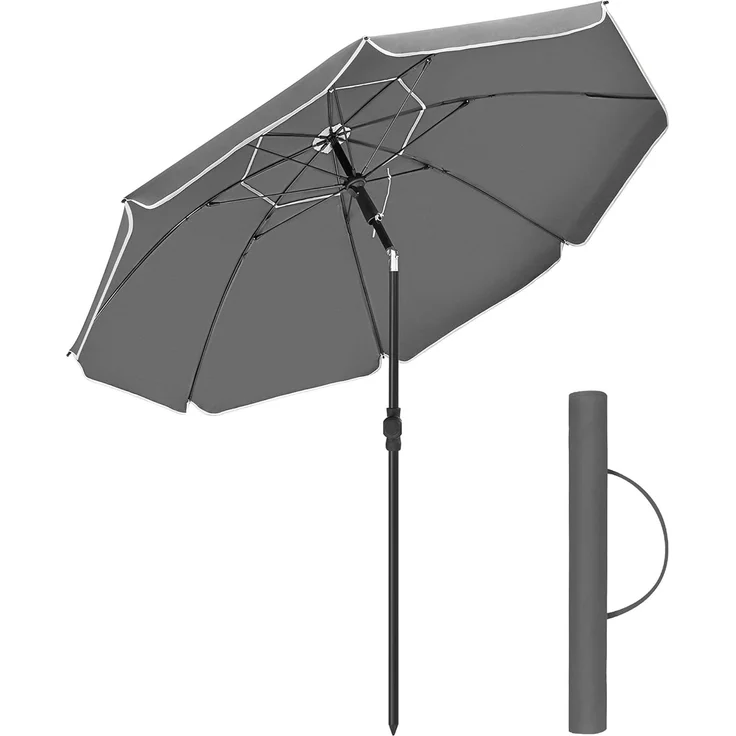 SONGMICS Sonnenschirm 200 cm, Sonnenschutz, UPF 50+, Strandschirm, beidseitig um 30° knickbar, höhenverstellbar, mit Tragetasche, für Balkon, Garten, Terrasse, Strand, ohne Ständer, grau GPU065G01 – Bild 1