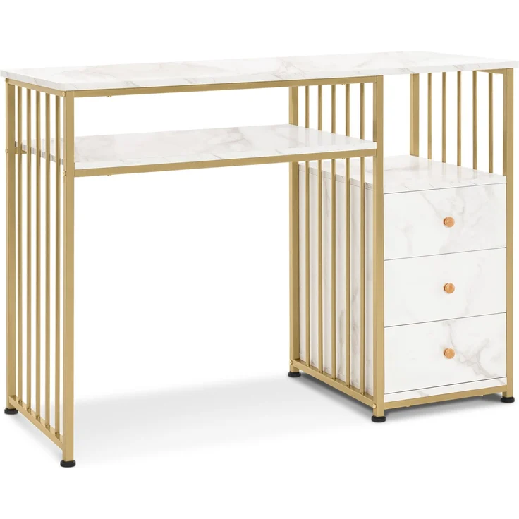 BarberPub Manikürtisch mit 3 Schubladen & 2 Ablagen, Nageltisch aus Holz Metallgestell, Nagelstudio Tisch für Beautysalon, Marmor-Weiß Gold, 45,5x109x81cm, 2407 – Bild 1