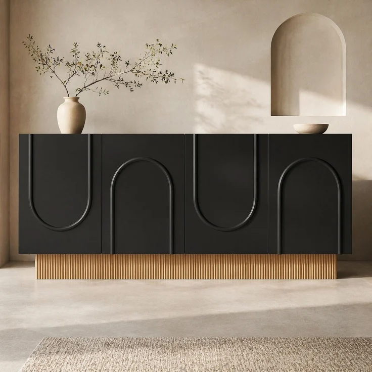 DESVIAE Sideboard mit 4 Türen und U-Relief 160x75x38 cm Spanplatte Schwarz-Holzoptik – Bild 2