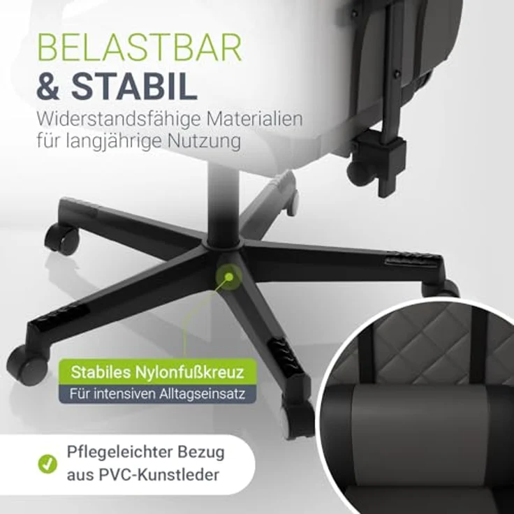Juskys Gamingstuhl HyperSeat, verstellbare Rückenlehne, höhenverstellbarer Drehstuhl, Kunstleder, ergonomisch, für Büro & Gaming Setup – Grau/schwarz – Bild 8