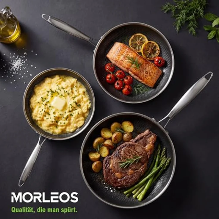 Morleos Bratpfanne, Edelstahl 20 cm, kratzfest, antihaft, für Gas, Induktion und Elektro, PFAS/PTFE frei mit Keramik Wabentechnologie – Bild 7