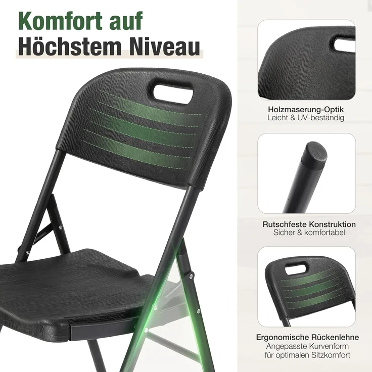 Sekey Klappstuhl 6er Set, Klappstühle aus Kunststoff und Metall, Campingstuhl Gartenstuhl Klappbar bis 150KG, Schwarz Holzoptik – Bild 7