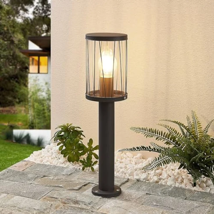 Lindby Außenleuchte Yonan, spritzwassergeschützt in Schwarz, Edelstahl, 1-flammig, E27, Wegeleuchte Pollerleuchte Sockelleuchte – Bild 3