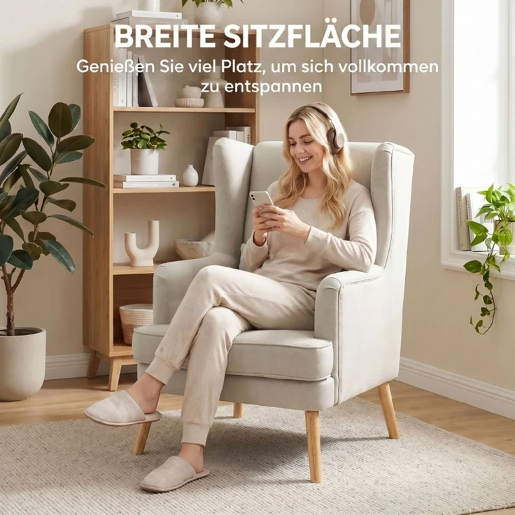 Akzentstuhl, Sessel mit Leinen-Optik, hoher Rückenlehne, breitem Sitz, Lendenkissen, Beige--Beige--77x77x110cm--YOUDENOVA – Bild 5