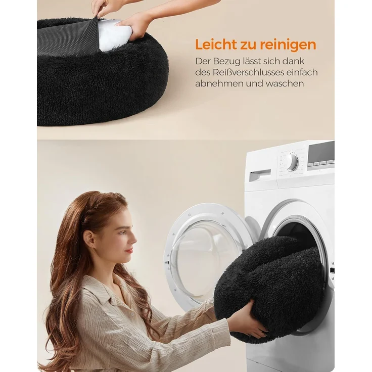 Feandrea Hundebett flauschig, Katzenbett, Donut Kissen, waschbar, Polsterung in der Mitte herausnehmbar, Langer Plüsch, 70 cm Durchmesser, tintenschwarz PGW039B01 – Bild 7