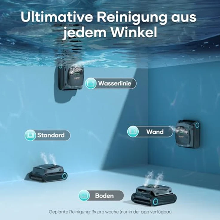 AIPER Scuba X1 Poolroboter mit App, 25200 LPH, Doppel-Auslass, 3 μm Ultra-Feinfiltersystem, Horizontale Wasserlinienreinigung, 4+1 Reinigungsmodi, Kabellose Ladestation, Ideal für Eingelassene Pools – Bild 5