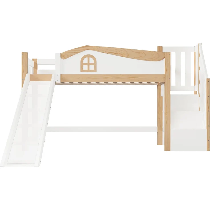 Halbhohes Bett, 90x200cm, Sicherheitsgeländer, Stauraumleiter, Rutsche, mit LED-Lichtleiste, Weiß – Bild 10