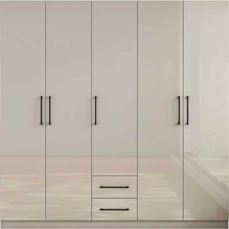 OTTO home Kleiderschrank Sylt Schlafzimmerschrank Garderobe Schrank TOPSELLER in hochglanz weiß (5 Türen, 2 Schubladen, schwarze moderne Griffe, 7 Einlegeböden) Drehtürenschrank mit perfekter Innenausstattung, Breite 200cm – Bild 1