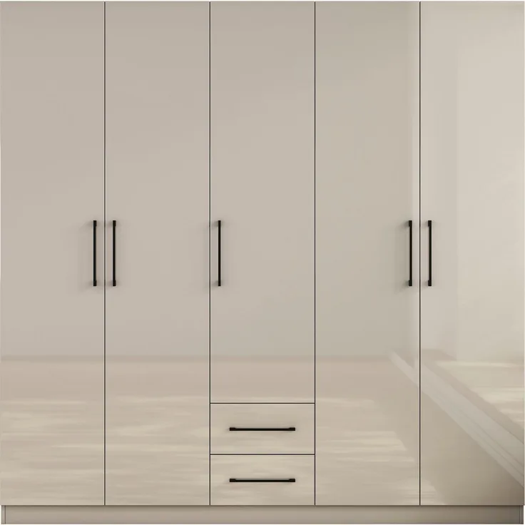 OTTO home Kleiderschrank Sylt Schlafzimmerschrank Garderobe Schrank TOPSELLER in hochglanz weiß (5 Türen, 2 Schubladen, schwarze moderne Griffe, 7 Einlegeböden) Drehtürenschrank mit perfekter Innenausstattung, Breite 200cm