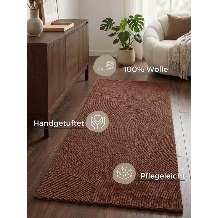 Hanse Home Wollteppich Calmio - Natur Wohnzimmerteppich - Handgetuftet - Hygge Skandi, Boho Teppich Wolle für Wohnzimmer, Schlafzimmer, Esszimmer, Flur - Rot Braun, 80x300 cm – Bild 3