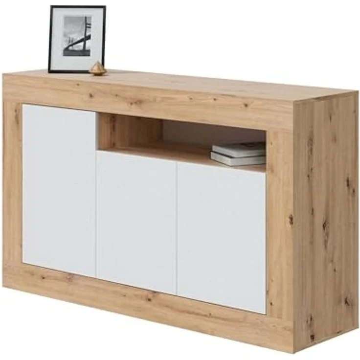Dmora - Thornton Sideboard, Wohnzimmergarderobe, Wohnzimmerbuffet mit Fächern, TV-Ständer, modernes Sideboard mit 3 Türen, 144x42h87 cm, geknotete Eiche und Weiß – Bild 6