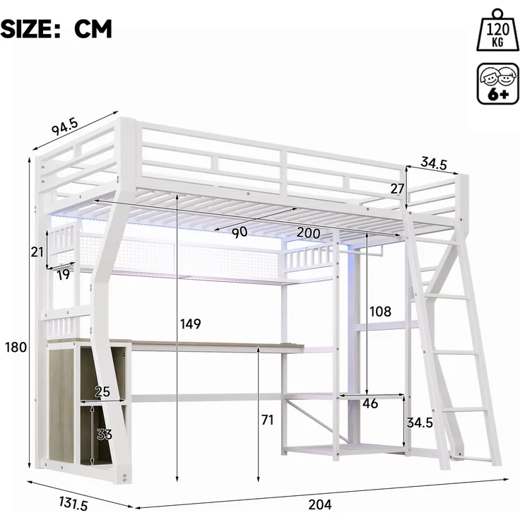 Hochbett 90x200 cm mit Eisenrahmen, LED-Lichtleiste, Steckdose, Kleideraufhängung, Schreibtisch und Staufächern, Weiß – Bild 9