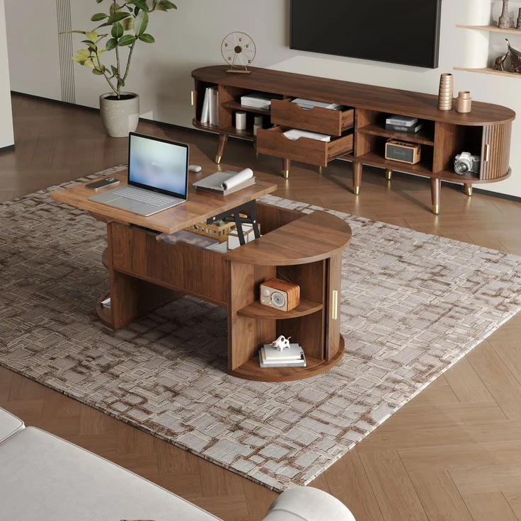 EINHOM 2-Teiliges Wohnzimmerset, Couchtisch mit Hubplatte, TV-Schrank, Schiebetüren, Vertikale Riffelung, Holzfüße, Goldene Griffe, Stauraum – Bild 3