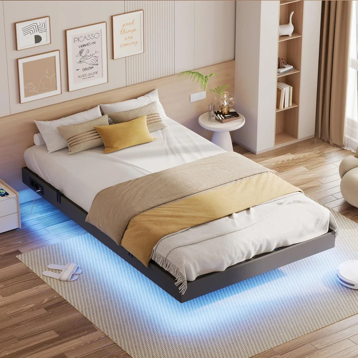IRONCK Bett 120x200 mit LED Beleuchtung und Ladestation, Bettgestell 120x200 cm mit Stauraum, Floating Bed Frame, Bettrahmen 120x200 cm, Jugendbett, Metallbett mit Lattenrost Einzelbett, Grau