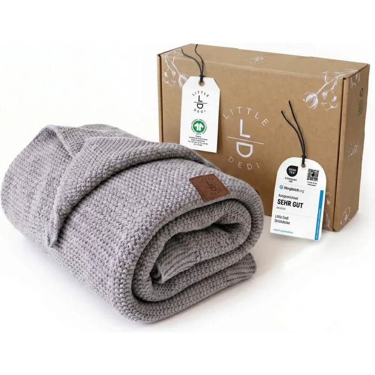 Babydecke Baby Strickdecke, %100 Bio Baumwolle, Atmungsaktiv, 80x100 cm, Silber, Little Dedi