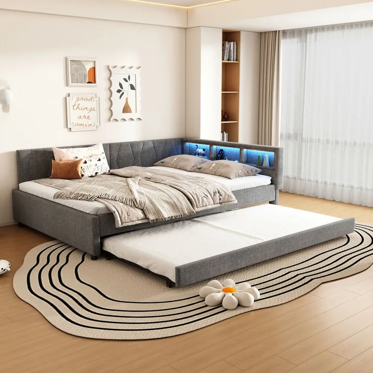 Daybett, Tagesbett, Schlafsofa, Ablagefach am Bett, USB+Typ C, Fernbedienung für LED-Umgebungslicht, Bett mit ausziehbarem Bett, Bett mit Lattenrost (ohne Matratze), Leinen, Grau, 140 x 200 cm