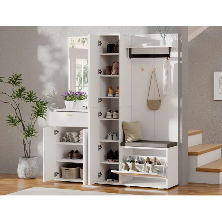 Garderobenset mit Spiegel, Schuhkipper & Sitzbank, 150x36x180 cm, Weiß – Bild 2