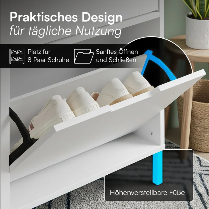 Bellamio 'Ceyhan' Schuhschrank mit 4 Klappen, schmales Schuhregal, weiß, 100x19x90 cm, Schuhkipper für 8 paar Schuhe – Bild 4