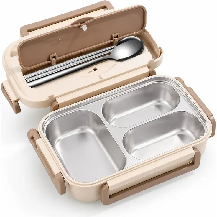 Lunchbox aus 316-Edelstahl, auslaufsicher, mit Fächern und Besteck, Beige, 25 x 18 x 8 cm