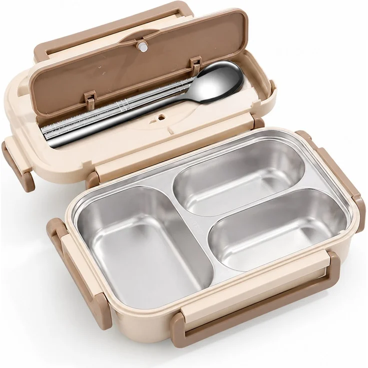 Lunchbox aus 316-Edelstahl, auslaufsicher, mit Fächern und Besteck, Beige, 25 x 18 x 8 cm – Bild 1