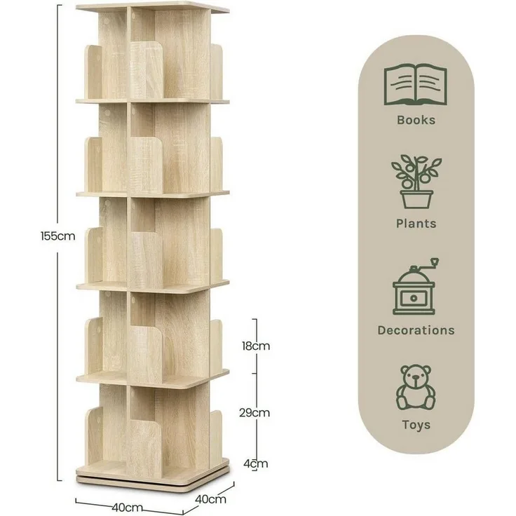 EUGAD Bücherregal, 1-tlg, Bücherschrank mit 5 Ebenen, 360° drehbar, 40x155x40 cm
