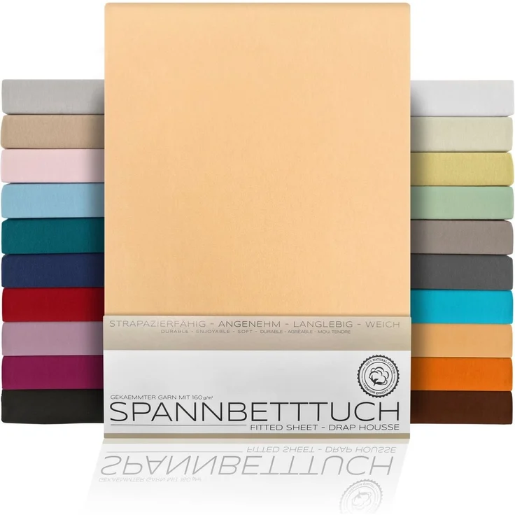 Beautex Spannbettlaken, Gummizug: rundum, (1 Stück), gekämmte Baumwolle Premium Jersey, 160g/m², Apricot, Boxspring - 90 x 200 x 45 cm – Bild 1