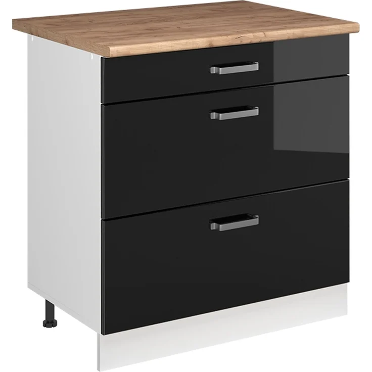 Küchenunterschrank R-Line Schwarz Hochglanz/Weiß 80 cm mit 3 Schubladen Arbeitsplatte Goldkraft Eiche Vicco – Bild 1