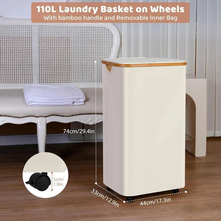iEGrow 110L Wäschekorb Rollen Deckel Bambusgriff Beige – Bild 2