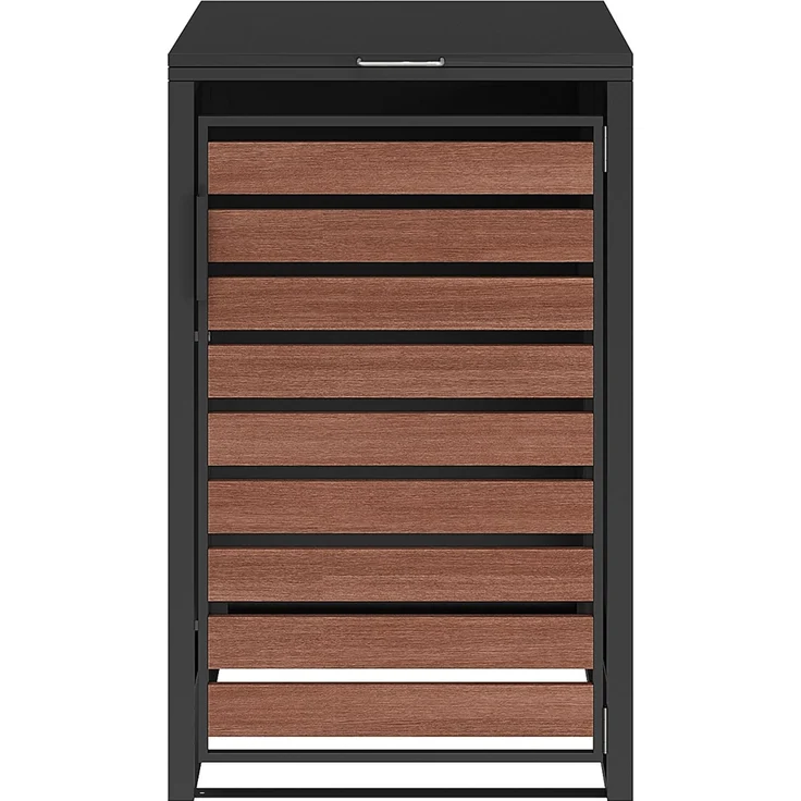STEELSØN 'Kestra' Mülltonnenbox 1er 240 Liter, graphitschwarz mit Nußbaum-Holzoptik, Mülltonnenverkleidung aus Stahl, wetterfest, 116x80x69 cm, Müllbox für 1 Tonne – Bild 9