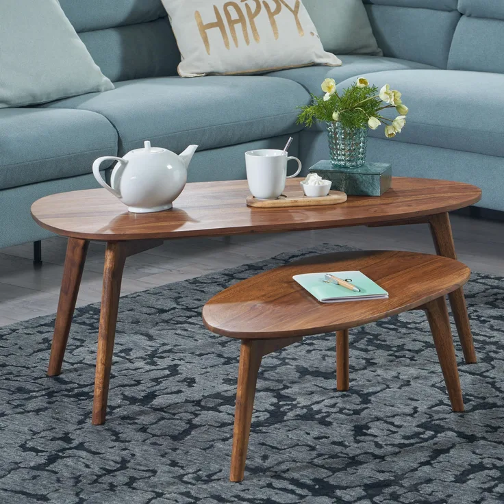 FINEBUY Satztisch SuVa42504_1 (Massivholz, Couchtisch 2er Set Braun), Wohnzimmertisch Nierenform, Sofatisch Dreibein