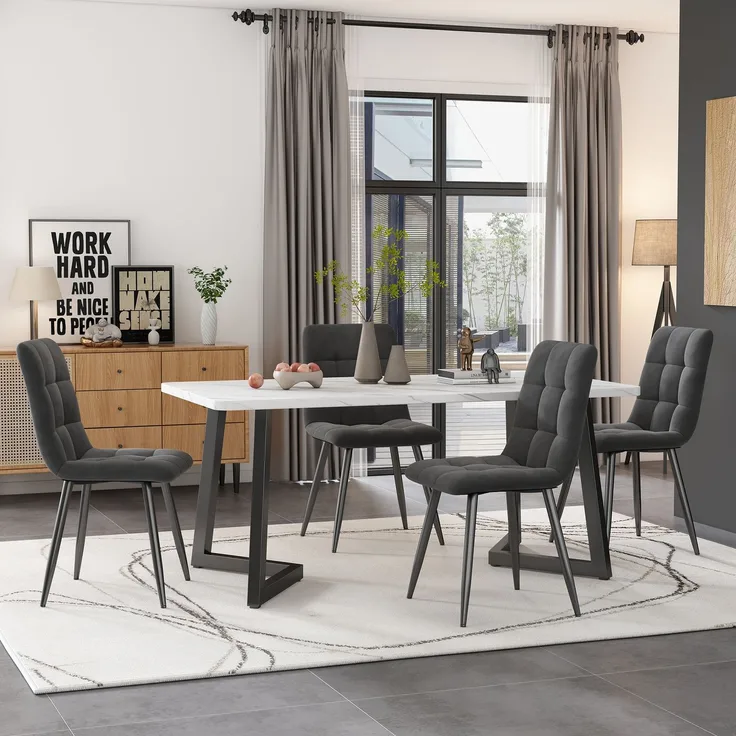 117cm Esstisch mit 4 Stühlen Set, Rechteckiger Esstisch Moderner Küchentisch Set ,Esszimmerstuhl Dunkelgrau Samt Küchenstuhl,Schwarze Tischbeine--Grau--128.5x74x9cm--YOUDENOVA