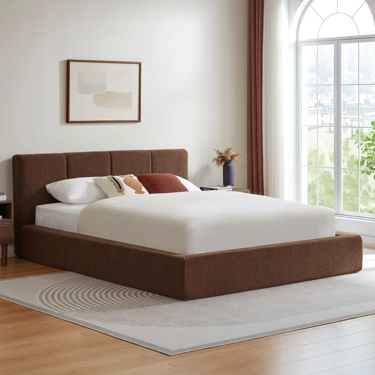 LVHOM Polsterbett 160 x 200cm, Doppelbett mit gepolstertem Kopfteil, Bettgestell mit verstärktem Stahlrahmen, Chenille, Braun – Bild 1