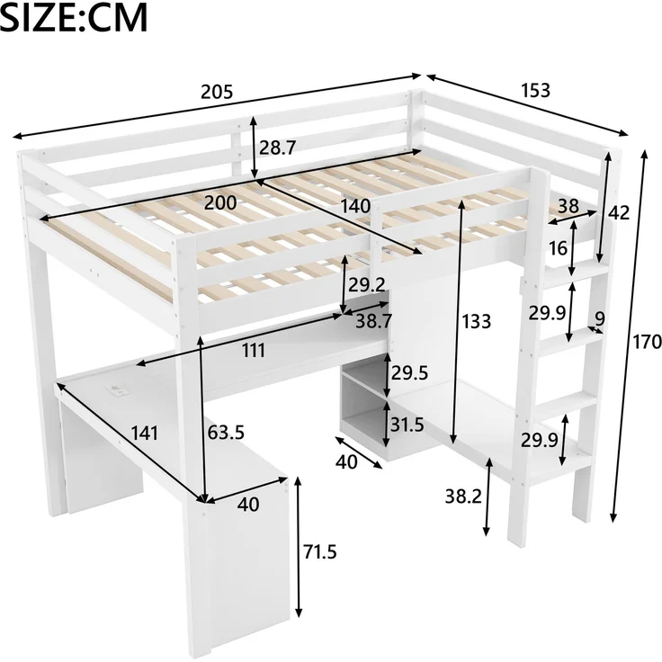 U-life Hochbett 140x200 cm mit Schreibtisch, Multifunktionsregalen, offenem Kleiderschrank, LED-Beleuchtung und USB-Ladestation, Weiß – Bild 10