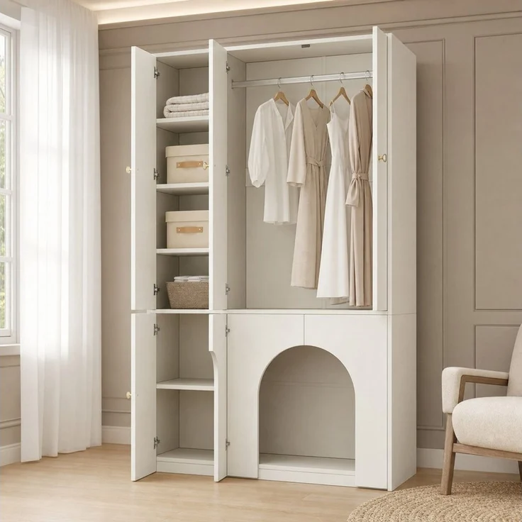MODFU Kleiderschrank Kompakter Aufbewahrungsschrank mit Kleiderstange & 3 Türen (Packung, 1-St, Weiß, MDF, für jeden Raum) 120×50×200 cm, 3 Türen, vielseitig – Bild 3