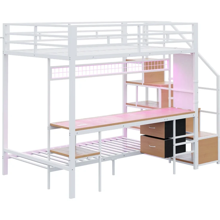Hochbett Metall/MDF mit Schreibtisch, LED & USB-Anschluss, 247x144,5x170 cm, Weiß, ohne Matratze – Bild 8